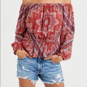 AE off shoulder top puff sleeves small petite